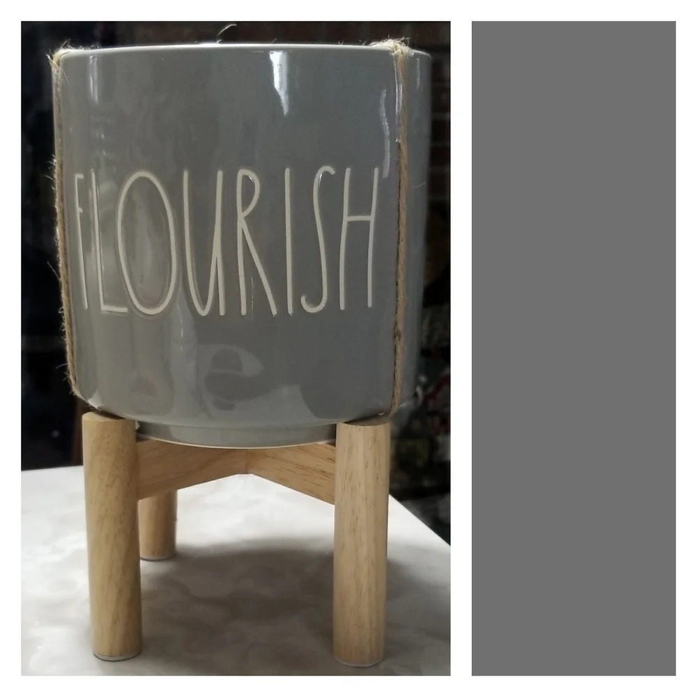 Rae Dunn ceramic Gray FLOURISH 5 1/2" planter with wood stand flower plant - Picture 1 of 5